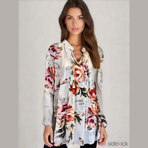 Susan Graver Chiffon Floral White and Red Long Sleeve Sheer Blouse Small